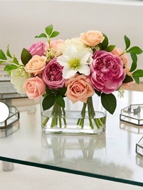 Faux 10” Rose and Hydrangea Pink and Peach Mixed Arrangement Clear floral Vase